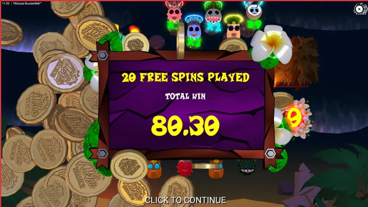 Tampilan visual slot Tikitopia BoosterBelt dengan totem Tiki dan simbol buah-buahan yang cerah.