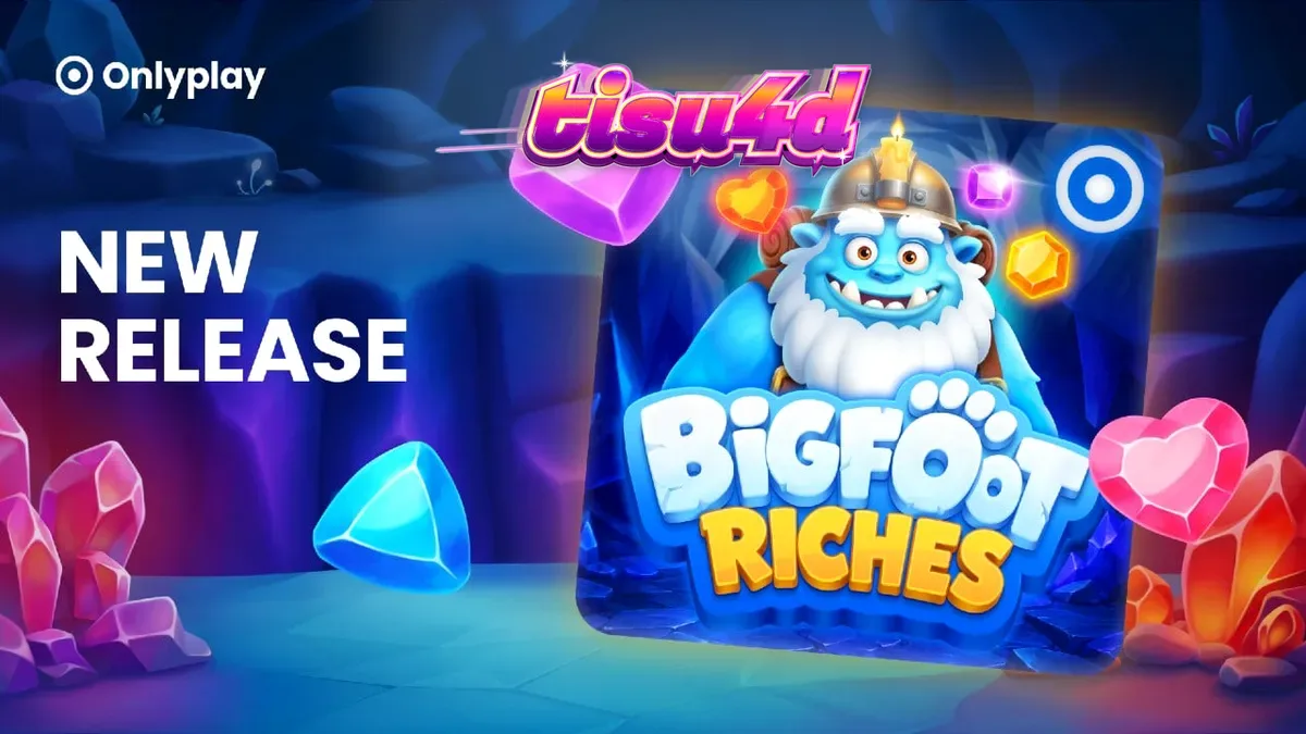 Pemandangan musim dingin dalam slot Bigfoot Riches dengan elemen kristal dan jejak kaki